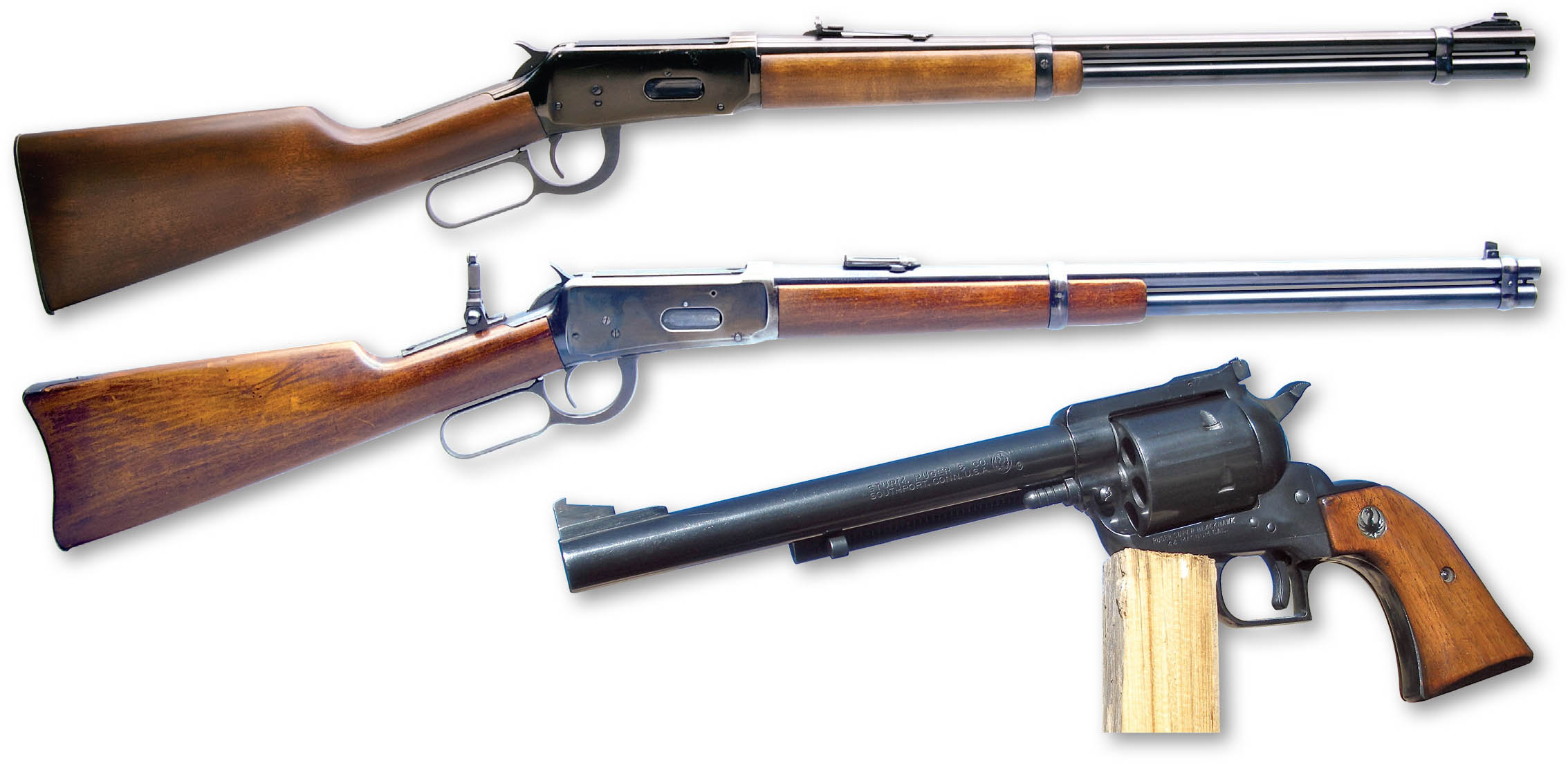 A Model 94 .44 Magnum (top) and/or a .30 WCF carbine (middle) have greater range, accuracy and power than a .44 Magnum revolver (bottom).